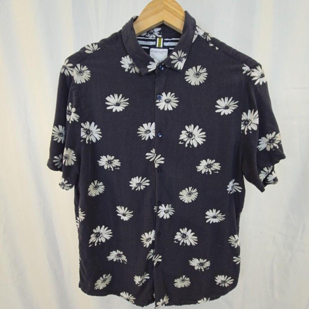 Denim & Flower Ricky Singh Shirt Mens Large Black Floral Short Sleeve Button Up